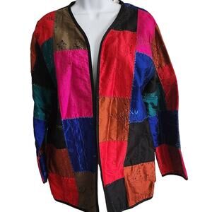 Women's Vintage Chico's Design 100% Silk Colorful Embroidered Patchwork Jacket M